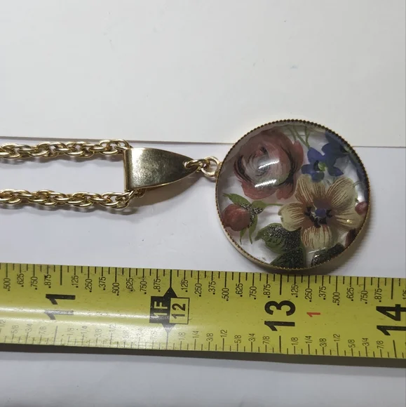 Vintage Hand Painted Red & Yellow Flower Glass Pendant Necklace Gold Tone - Picture 10 of 10